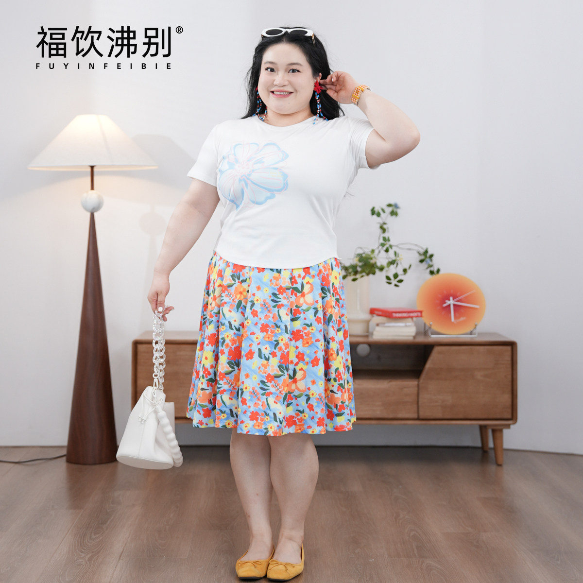 福饮沸别【浅陌花颜】大码胖MM碎花裙蓝印花短袖裙子套装900113