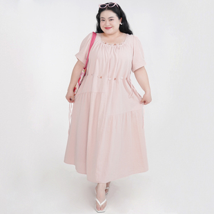 福饮沸别【粉雾海】大码胖mm显瘦松弛感串珠收腰连衣裙-2407