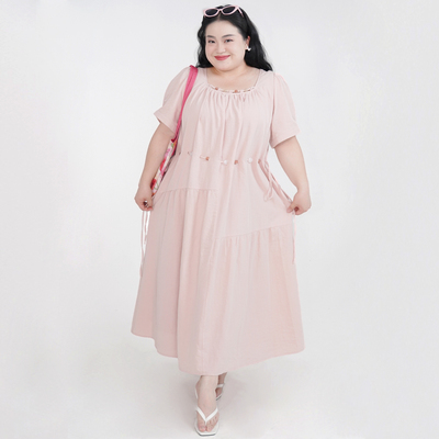 福饮沸别【粉雾海】大码胖mm显瘦松弛感串珠收腰连衣裙-2407