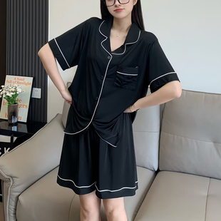 福饮沸别大码宽松夏季冰丝睡衣女翻领黑色流光气质短袖家居服3173
