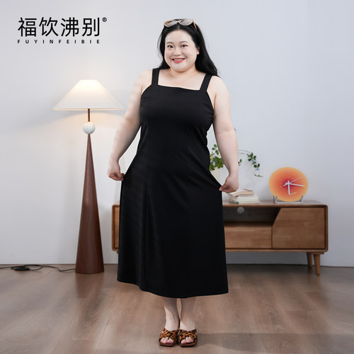 福饮沸别【夜色莱茵河】吊带连衣裙大码黑色高级感显瘦长裙G0331
