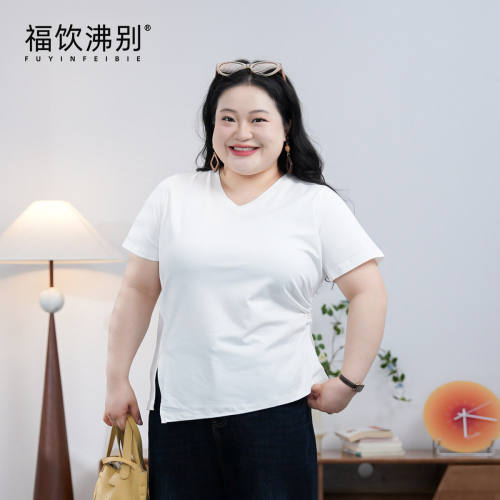 【福饮沸别】大码胖mm显瘦简约通勤风V领下摆开叉短袖T恤-224902
