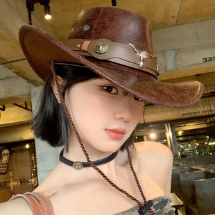复古铆钉西部牛仔帽子女户外出游旅行骑马大帽檐遮阳防晒帽子 美式