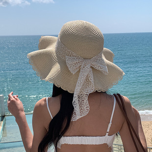 蕾絲結大帽檐可折疊防曬遮陽帽海邊沙灘 甜美漁夫帽草帽女韓版