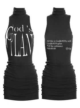 GodsPlan上帝计划暗黑风高级感挂脖立体褶皱夏季中性包臀连衣裙