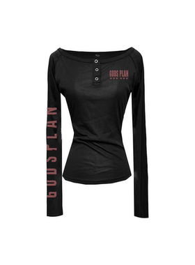 Gods plan*上帝计划 暗黑修身大领口正肩亨利领长袖打底衫辣妹女