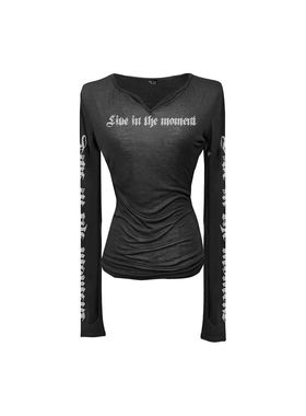 Gods plan*上帝计划原创暗黑轻亚V领收腰长袖t恤女印花显瘦辣妹