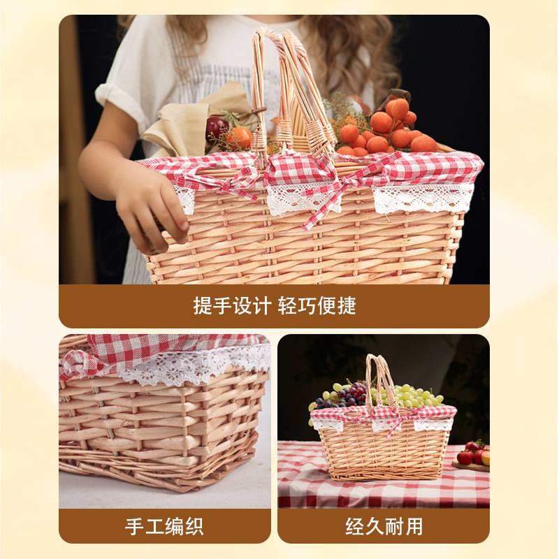 方形藤编野餐篮子水果篮手工藤编手提篮子摆拍礼品篮鸡蛋篮柳编篮