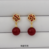 有爱可寻秋冬新款 复古红色珍珠山茶花耳环女无耳洞蚊香盘耳夹气质