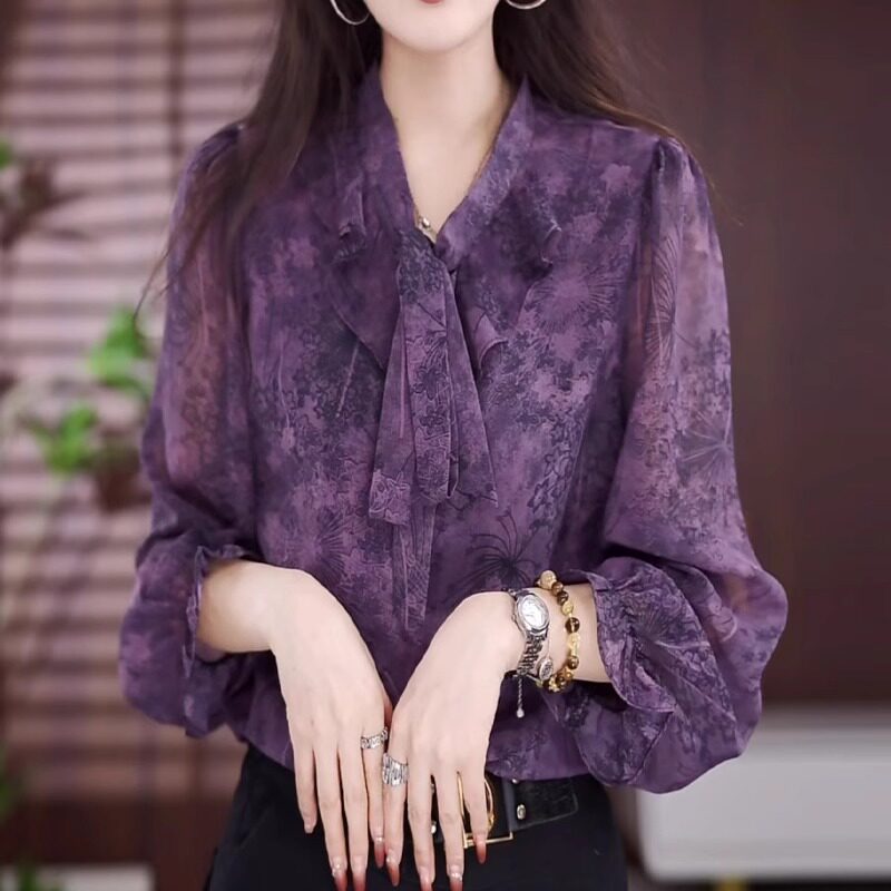 ROUMIKL紫色雪纺衫女装秋冬季2025新款外贸原单衬衣印花小衫衬衫