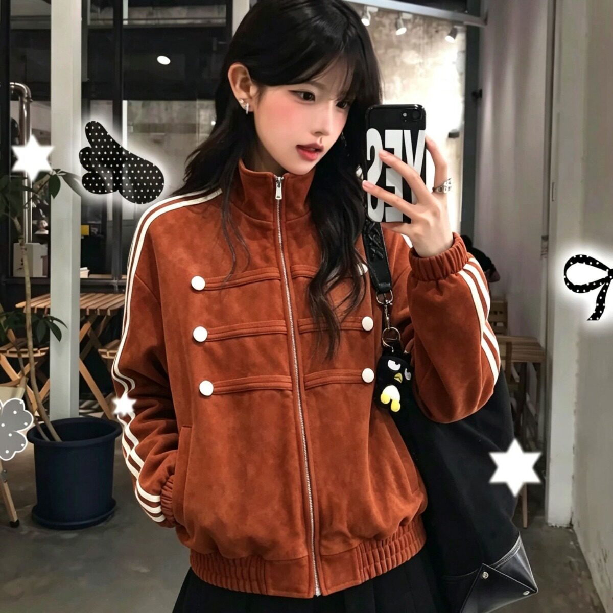 拿破仑麂皮绒外套女款秋季2026新款宽松美式复古排扣立领夹克上衣