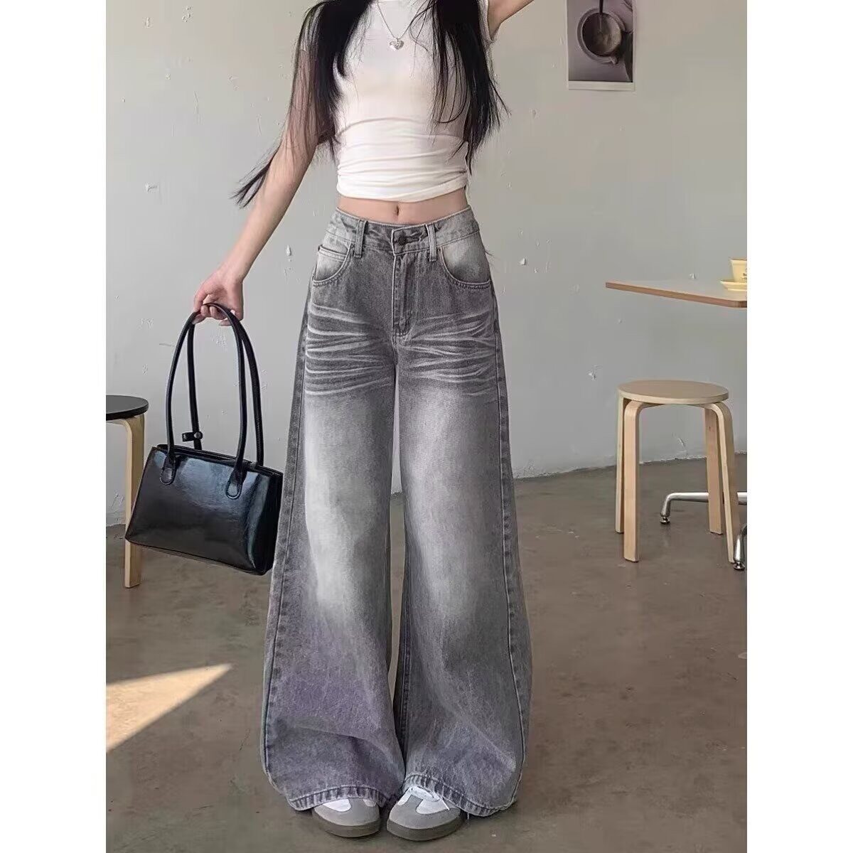 灰色阔腿弯刀牛仔裤女2026春季新款低腰垂感设计感直筒拖地裤子潮