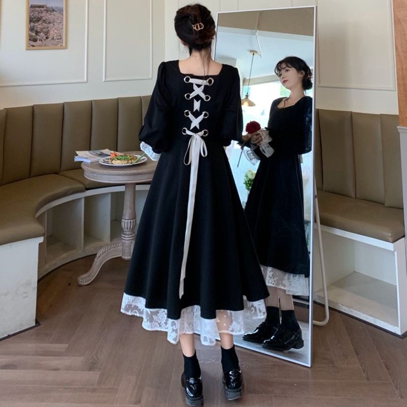 2026年春秋新款女网红炸街蝴蝶结收腰蕾丝泡泡袖连衣裙礼服公主裙