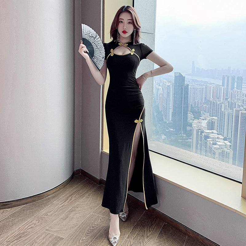 2023新款改良旗袍连衣裙女高级感晚礼服复古显瘦技师长裙