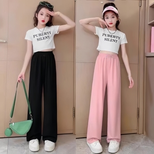 夏季新款中大女童装宽松休闲运动阔腿裤2025夏季新款透气直筒裤