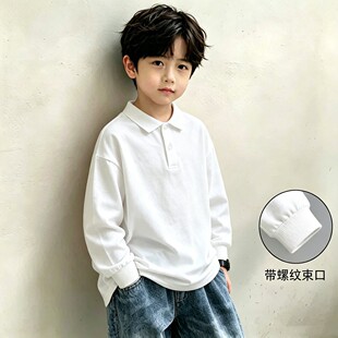 儿童纯白色t恤长袖厚实纯棉男女童春秋打底衫学生校服翻领polo衫