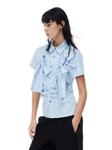 COSTUSTOOT天蓝色蝴蝶结格子衬衫
