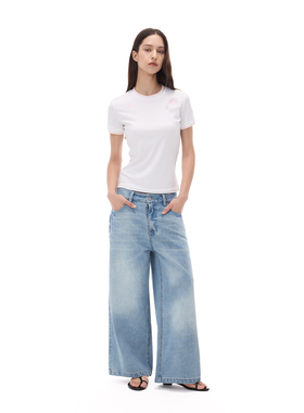 Costustoot 夏季浅蓝色复古做旧洗水宽松直筒休闲八分牛仔裤女