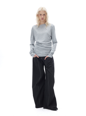 Costustoot 25春夏新款 解构一字肩修身凉感堆褶T恤长袖裙上衣女