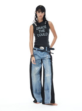 COSTUSTOOT 24秋季“视觉之旅”拼接牛仔印花设计感高腰阔腿长裤