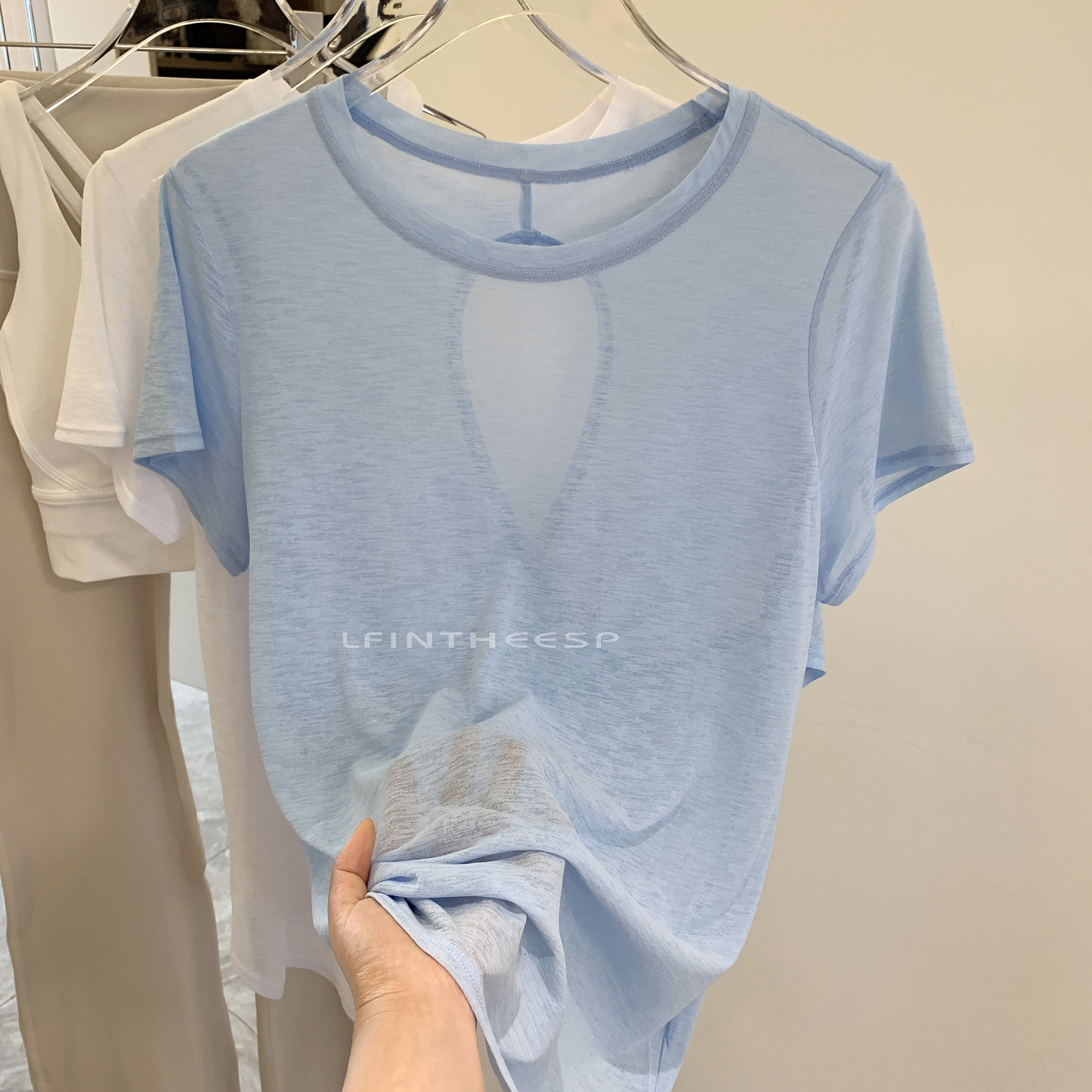 薄款交叉露背女罩衫透气速干健身运动上衣瑜伽服短袖竹节网纱夏季