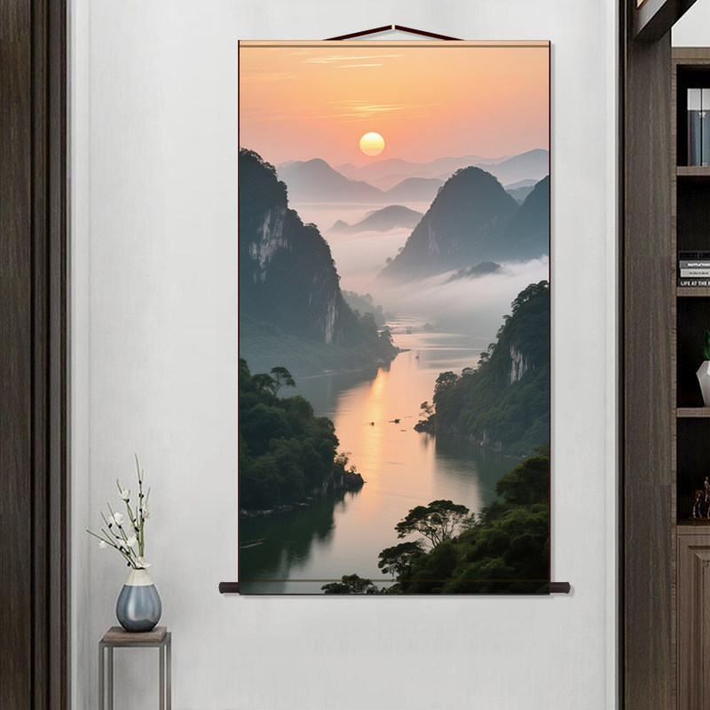 旭日东升山水新中式客厅玄关挂画丝绸卷轴画定制图案包邮画_虎窝淘