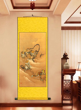 明 天王追佛牙图阿弥陀佛画像挂画佛堂供奉佛像背景客厅丝绸装饰