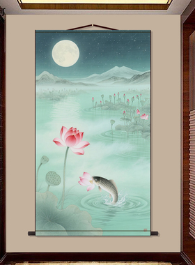 浅绿荷花挂画背景布墙布动漫周边装饰画丝绸卷轴画定制图案包邮画