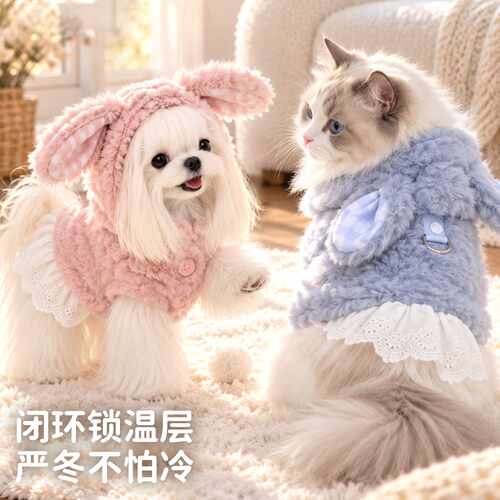 秋冬猫咪衣服仿兔毛连帽公主风可爱绒衣背心中小型犬两脚保暖棉衣