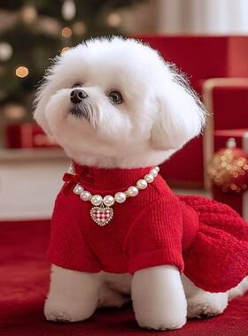 狗狗新年衣服红色小香风结婚礼服小型犬宠物加厚秋冬装保暖连衣裙