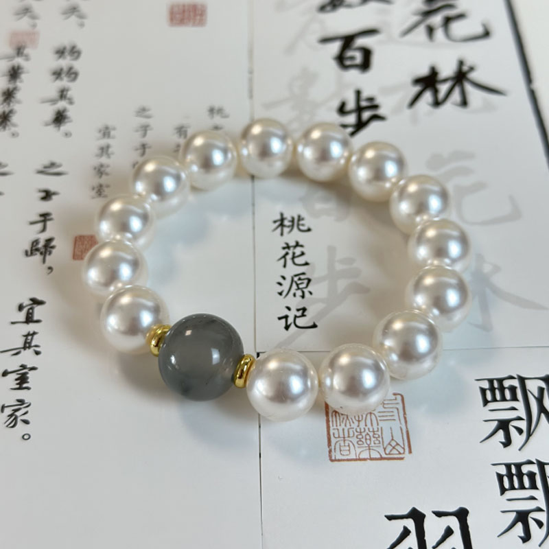 【水墨珍珠手串12m】岫玉水墨转运珠15m贝珠手链