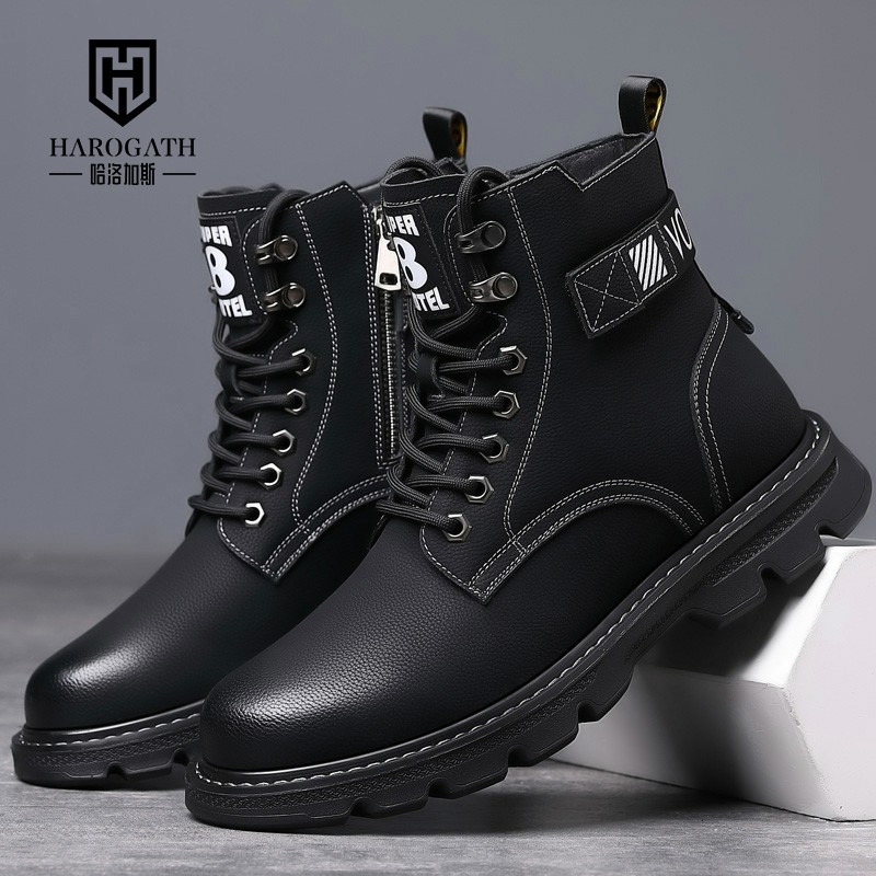 哈洛加斯2025年秋季高帮马丁靴羊毛加绒棉靴真皮工装靴男鞋雪地靴