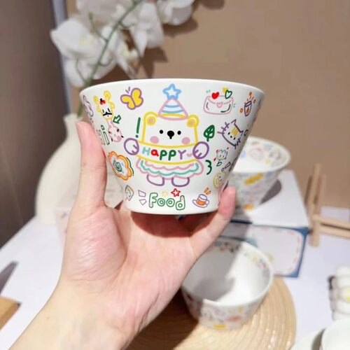 【一碗一勺】可爱卡通日式手绘涂鸦风5英寸高脚斗笠碗家用陶瓷餐