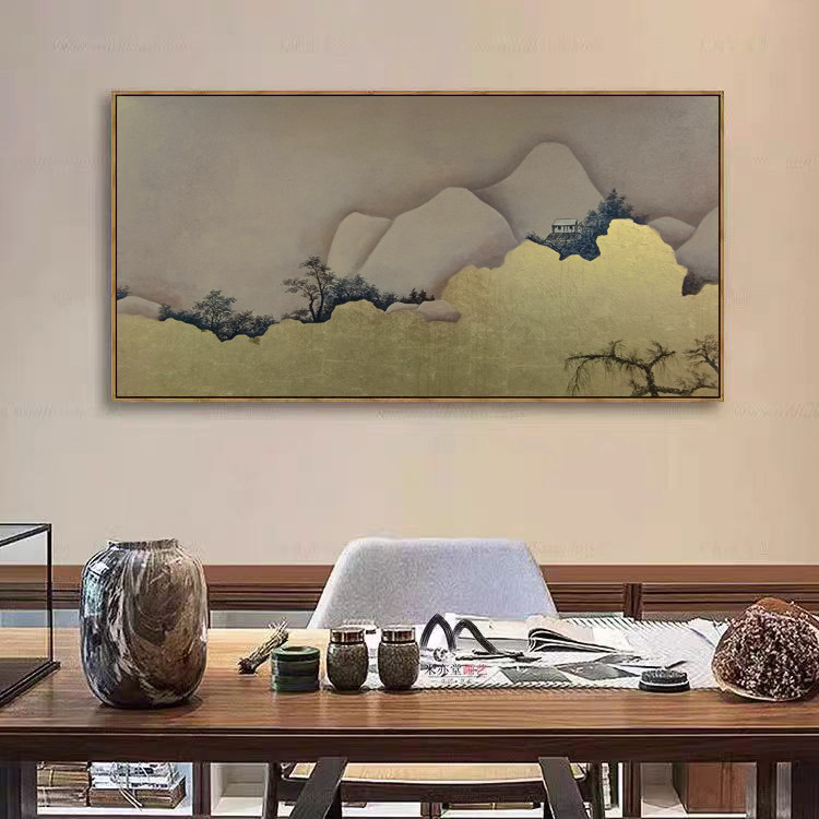 国潮禅意客厅金箔肌理画横幅日式古典书房茶室办公室高级感油画