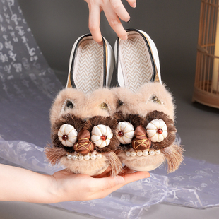 传统非遗国潮民族风厚底复古手工虎头鞋舒适平底汉服刺绣居家拖鞋