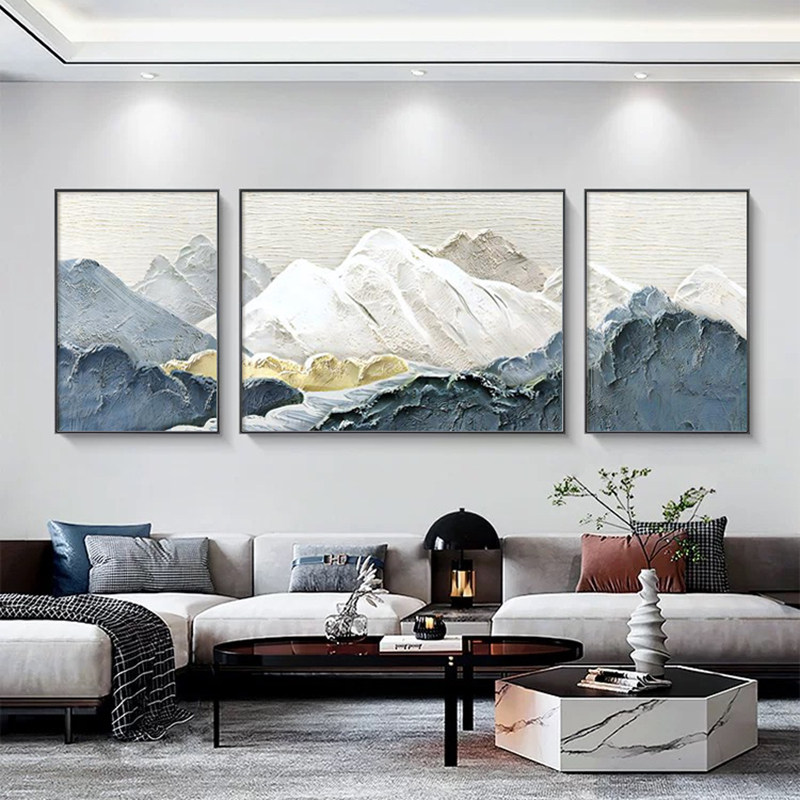 客厅挂画免打孔钉沙发背景墙2023新款客厅东墙靠山三连装饰画蓝色