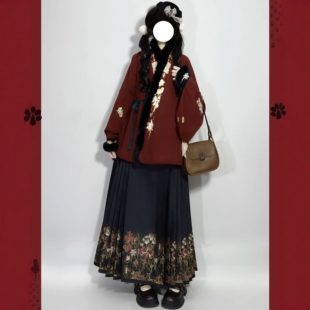 原创汉服女【玫瑰】明制加绒对穿交直领短袄织金马面裙套装冬季款