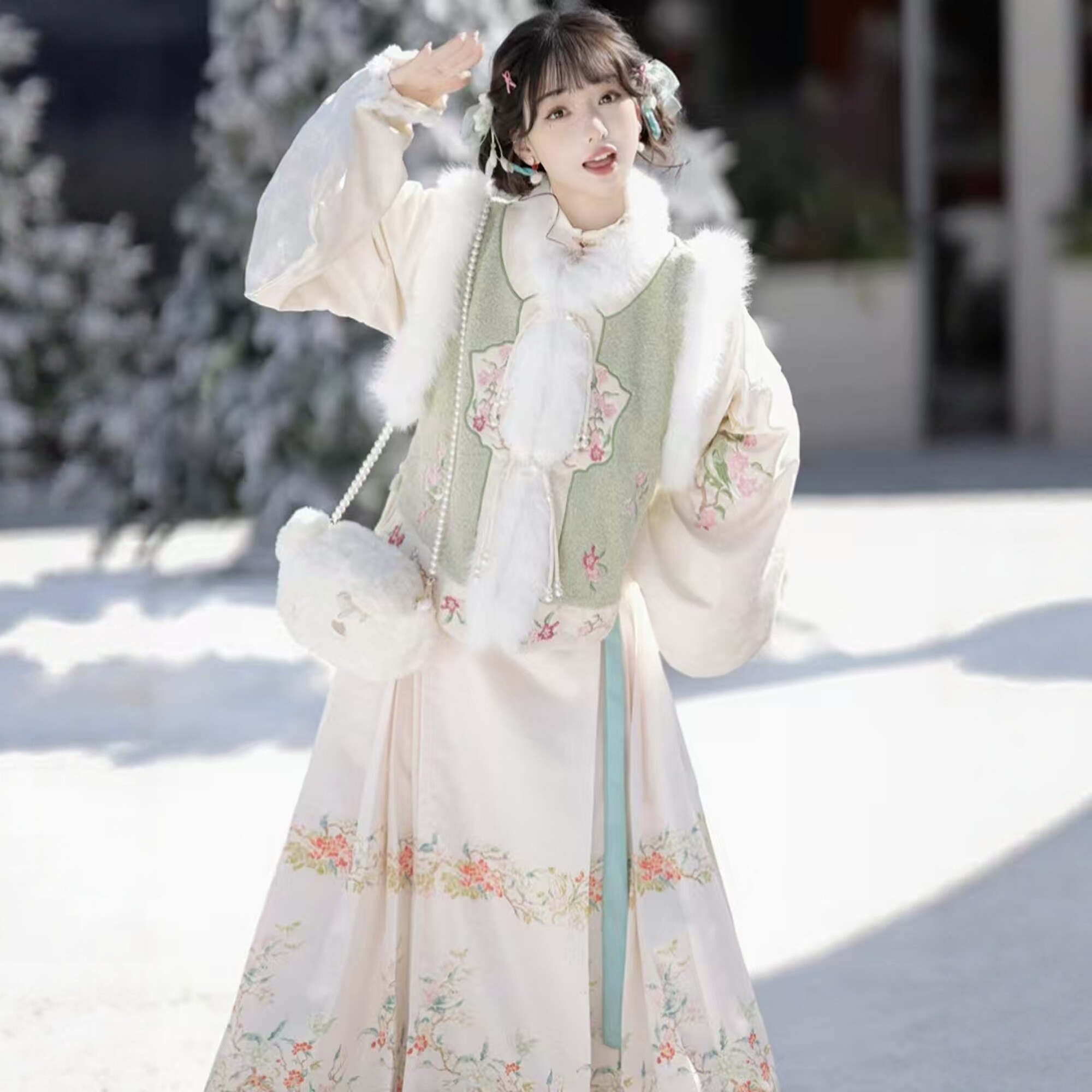 原创汉服女【雪绒绒】明制加绒加厚圆领马甲短袄马面裙套装冬季款