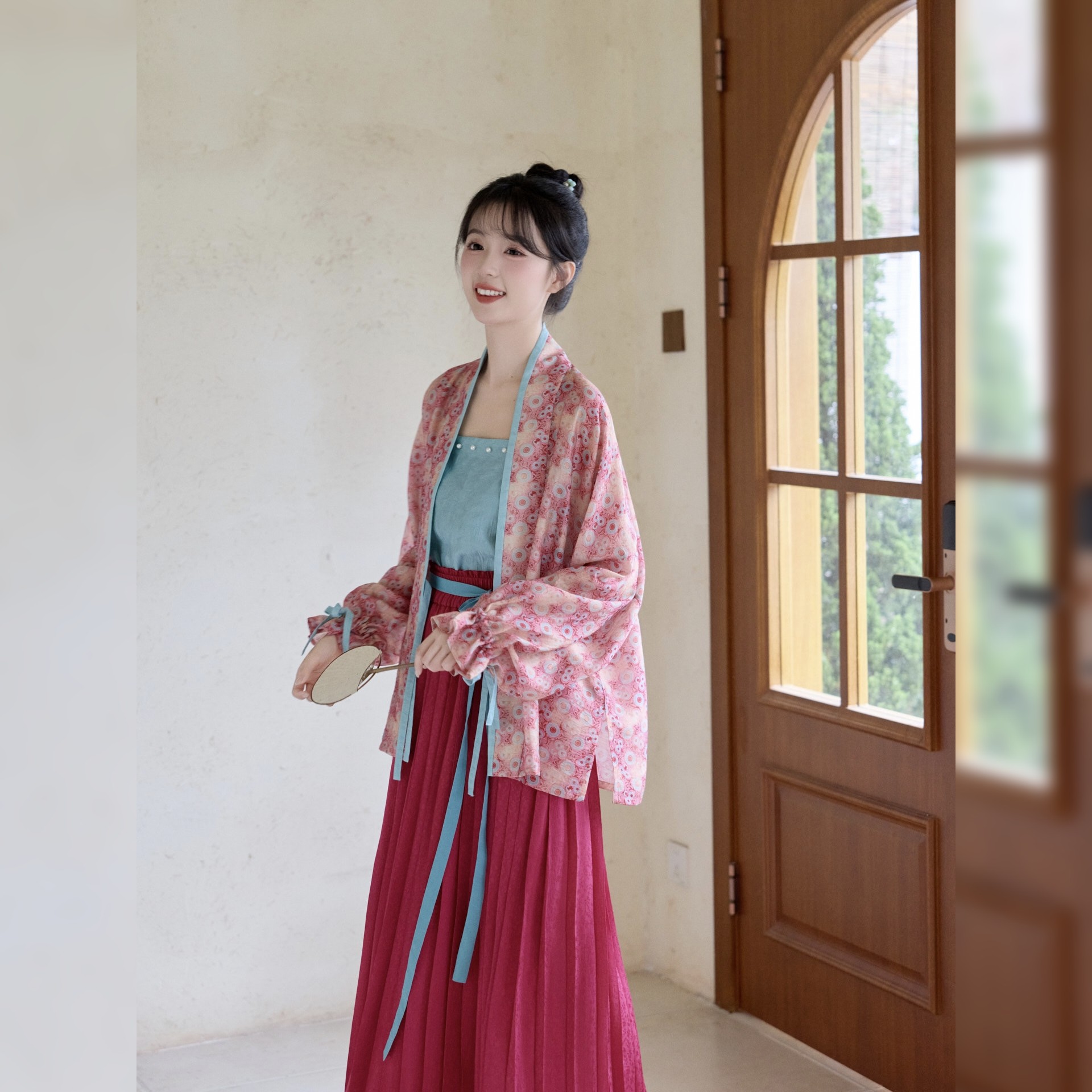 原创汉服女【芙蓉水】宋制对襟开衫花苞袖吊带松紧褶裙套装夏季款