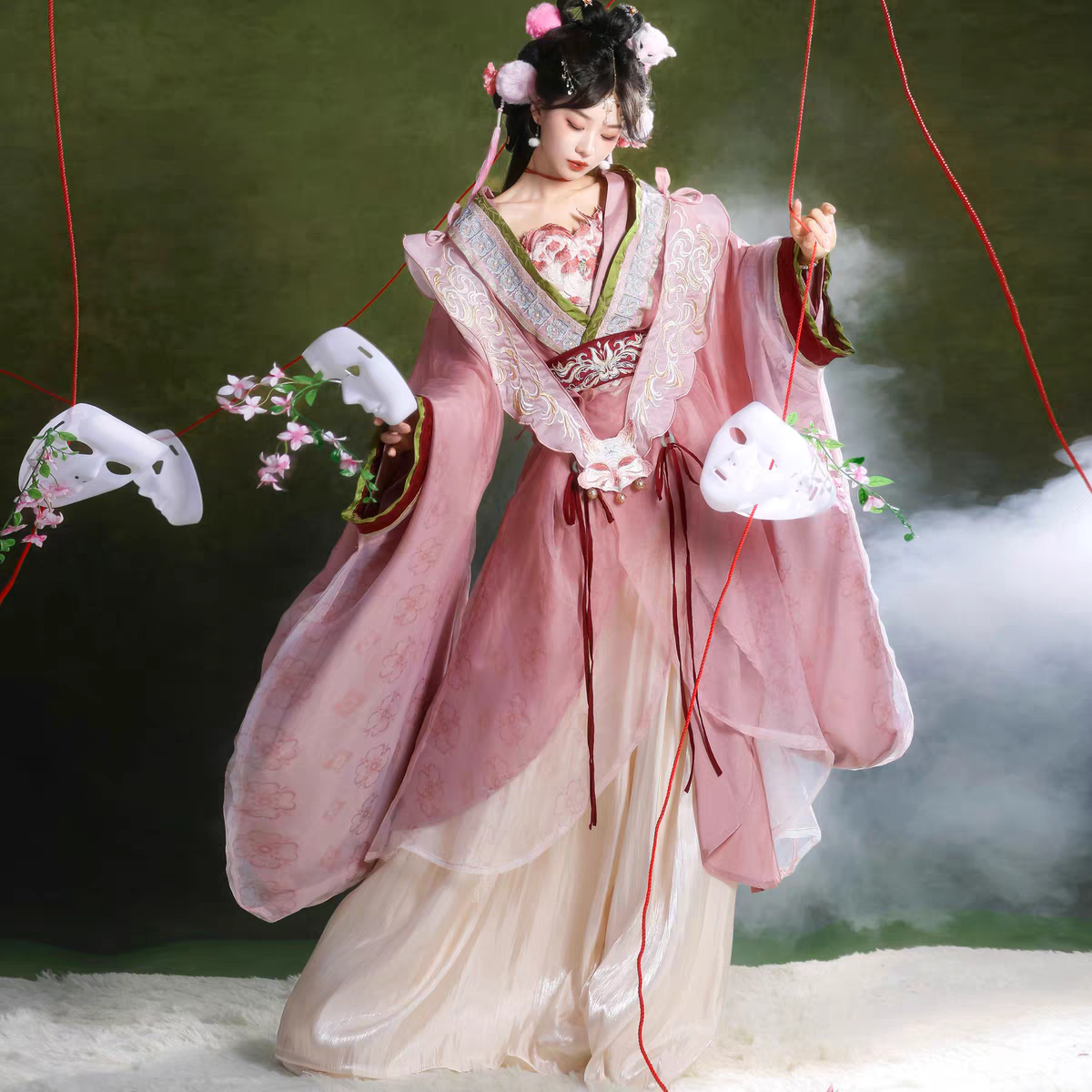 原创汉服女【妲己】魏晋风南北朝重工刺绣大袖粉色狐狸套装春季款