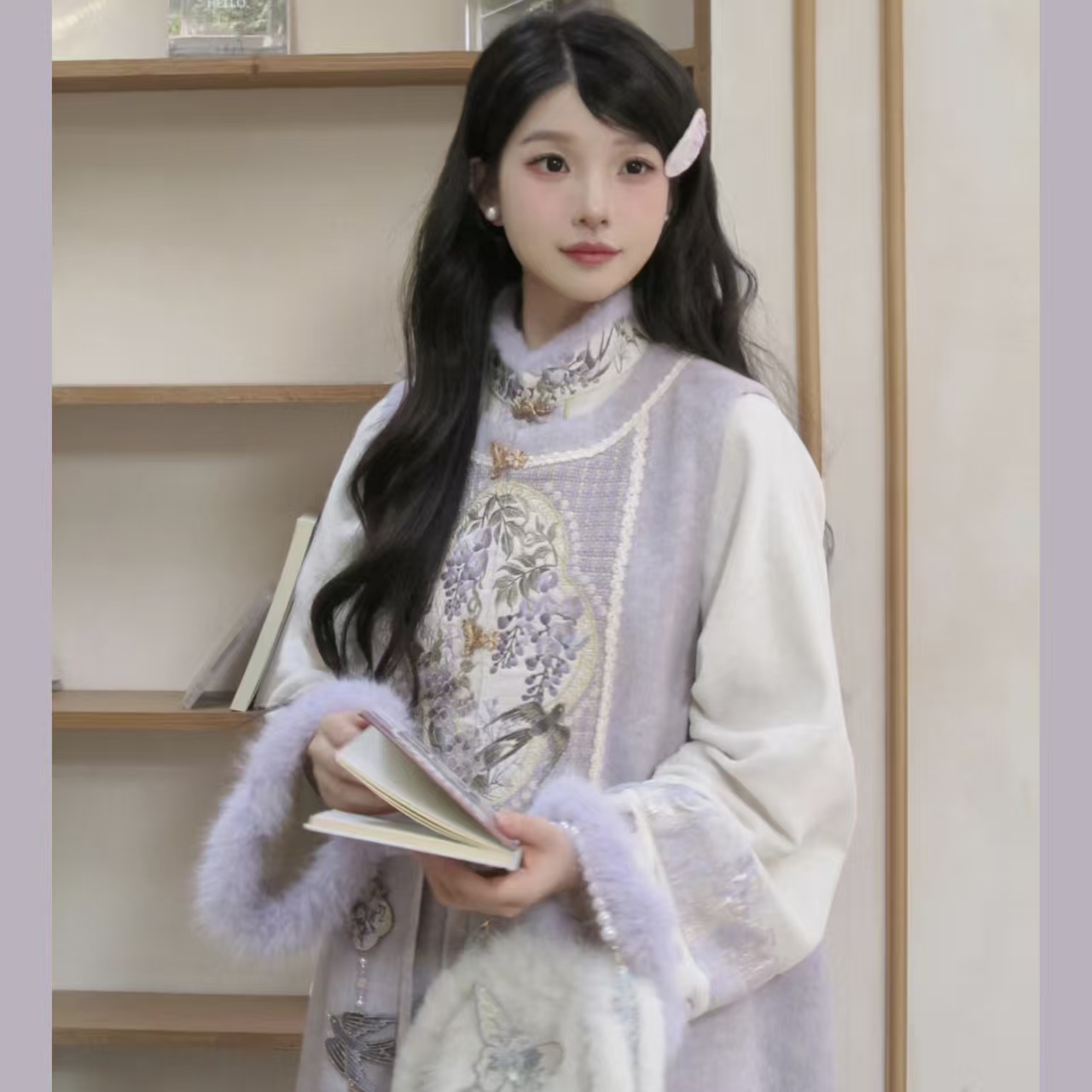 原创汉服女【七月夕-藤萝墨客】明制长比甲紫色套装日常款冬季款