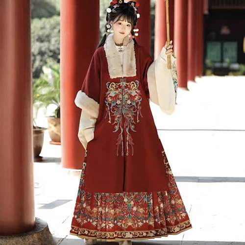原创汉服女【澜禧】明制加绒加厚红色裘衣马面裙拜年服套装冬季款