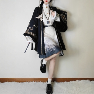 原创汉服女【墨云鹤】明制加绒加厚黑色短袄外套马面裙套装冬季款