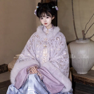 原创汉服女【无贰集-紫烟罗】明制加绒圆领昭君袄紫色套装冬季款