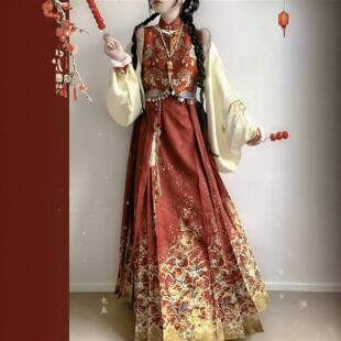 原创汉服女【锦年】明制加绒马甲立领对襟衫马面裙拜年服套装冬款