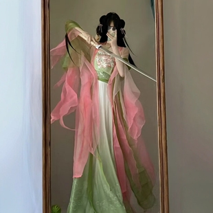 原创汉服女【荷花】唐制刺绣诃子裙破烂大袖衫齐腰八破裙套装春款