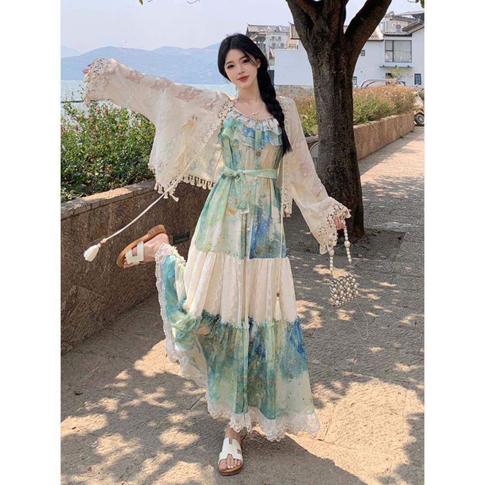 加码假日风格美丽油画吊带裙套装胖mm在夏天苗条Look开衫休闲服装