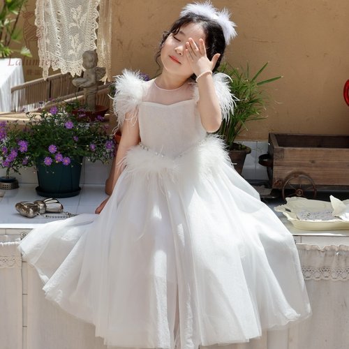 鹿谧2025春夏新款女童白色礼服裙