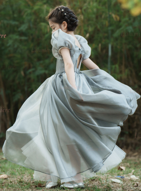 La Lumière鹿谧灰色欧根纱长礼服裙女孩生日钢琴比赛演出礼衣裙