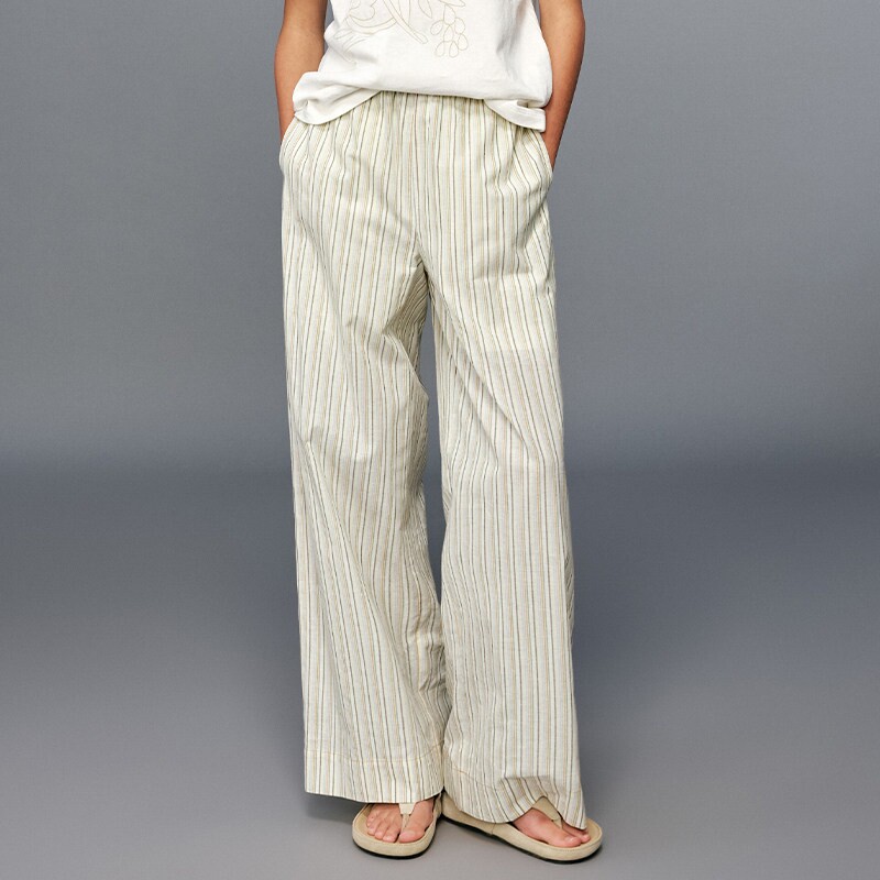 MINIkids童装 全棉彩条休闲长裤女童夏季新款法式度假风直筒裤子